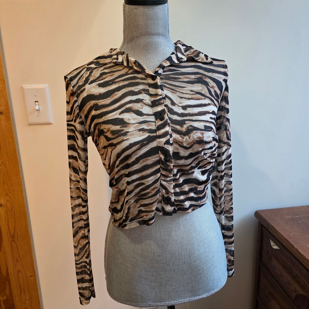 Rabbit Rose 90s Y2K Tiger Print Sheer Mesh Button Down Crop Top Brown Black XS